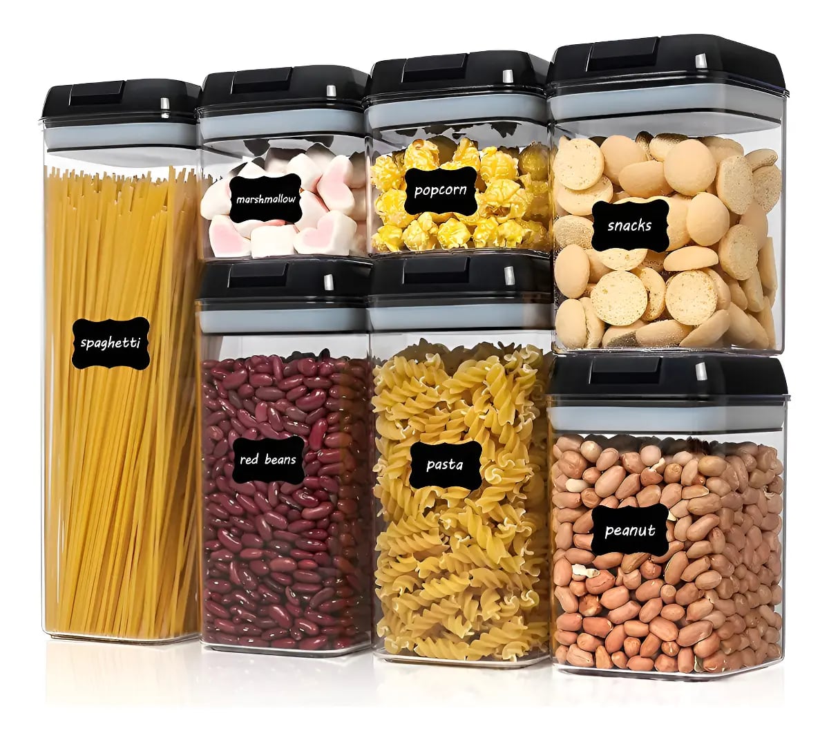 Set 7 Contenedores De Alimentos Almacenamiento Color Negro Plástico Resistente Con Tapa Selladora Hermética