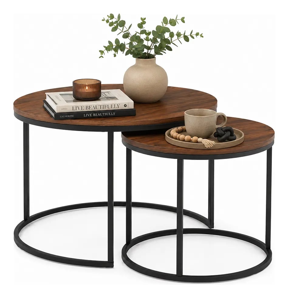 Mesa De Centro Lateral Living Redonda Doble Color Marron