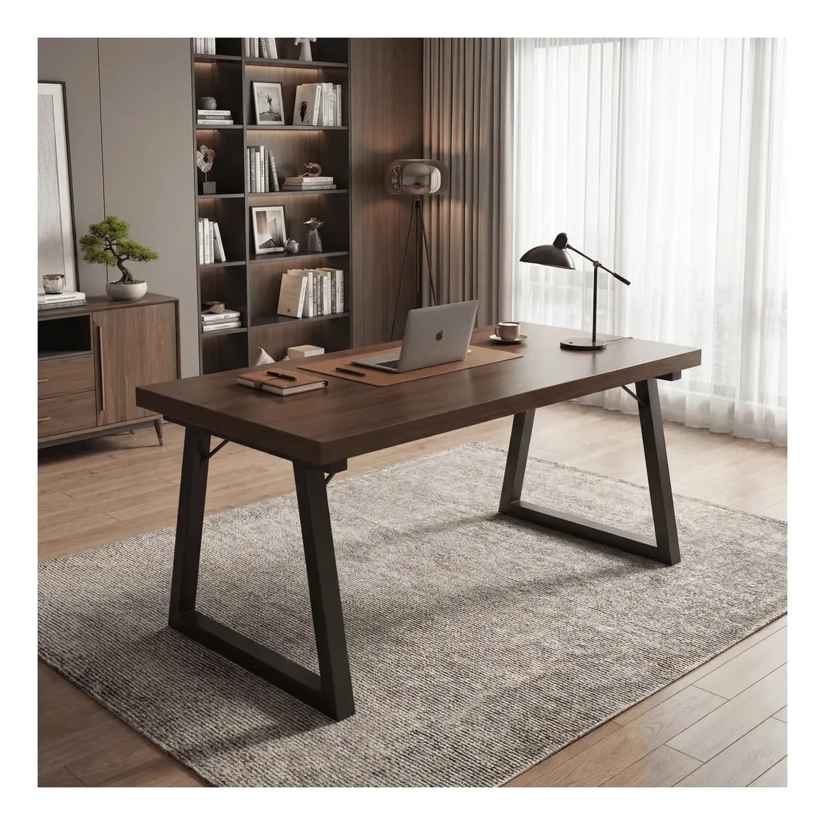 Escritorio Oficina 140cm Tablero Grueso 30mm Estructura Metálica Metal Madera Color Nogal