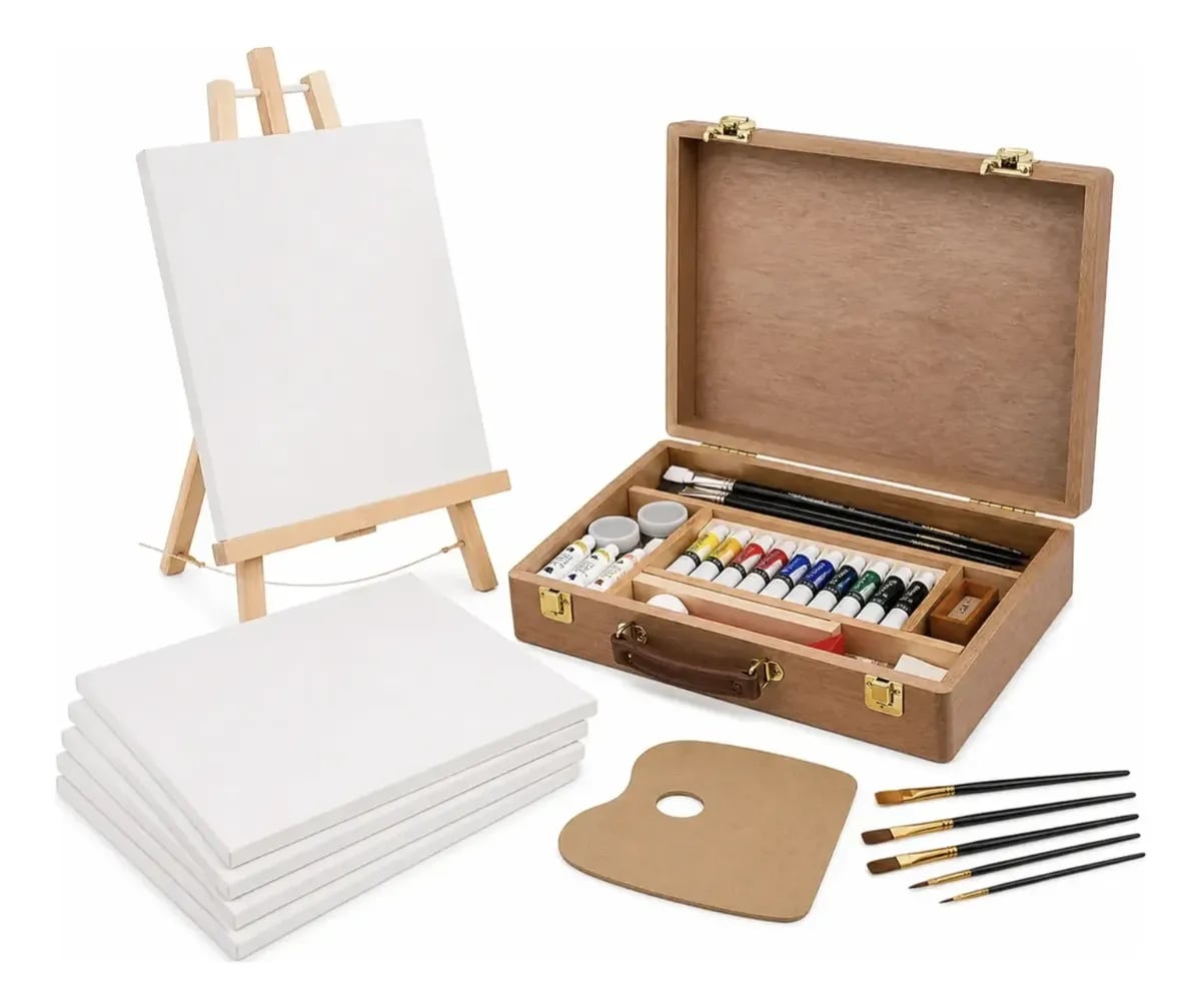 Kit Pintura Acrílica Completo Maleta Madera Atril Bastidor 30x40